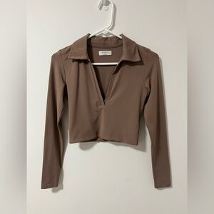 Aritzia Babaton Brown Contour Polo Long Sleeve Crop Top Low Cut